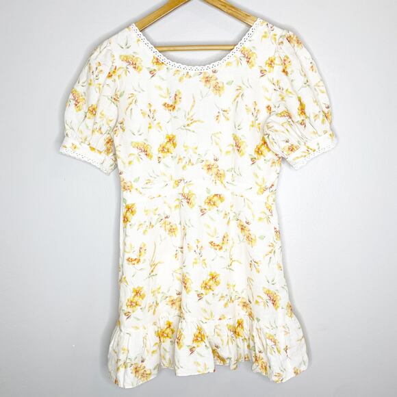 LoveShackFancy Lena Cream Yellow Floral Linen Mini Dress Medium - Picture 4 of 11